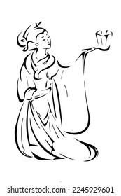 Contour image of a Japanese woman in a national costume with a traditional lantern. Vector graphics