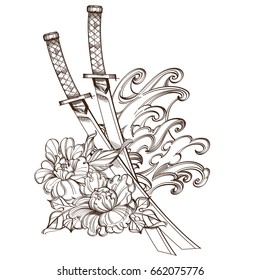 Contour image of katanas, peonies and wave. Japanese symbols. Black and white vector illustration isolated on white background.