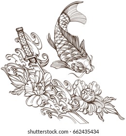 Contour image of koi carp with peonies and katana. Traditional Japanese symbols. Black and white vector illustration for tattoos, t-shirts, coloring books and other items.