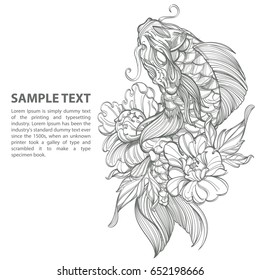 Contour image of koi fish with flower. Japanese carp line drawing. Black and white vector illustration for tattoos, t-shirts, coloring books and other items.