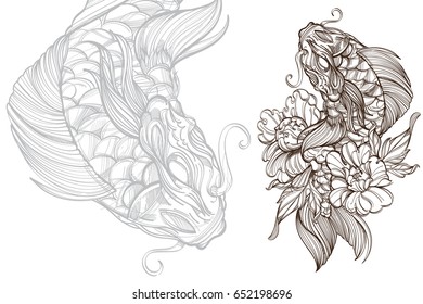 Contour image of koi fish with flower. Japanese carp line drawing. Black and white vector illustration for tattoos, t-shirts, coloring books and other items.