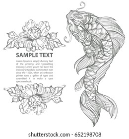 Contour image of koi fish with flower. Japanese carp line drawing. Black and white vector illustration for tattoos, t-shirts, coloring books and other items.