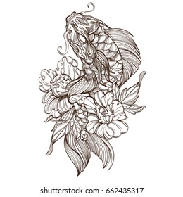 Contour image of koi fish with peonies. Japanese carp line drawing. Black and white vector illustration for tattoos, design t-shirts, coloring pages and other items.