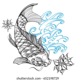 Contour image of koi fish with wave and flower. Japanese carp line drawing. Vector illustration isolated on white background for tattoos, t-shirts, coloring books and other items.