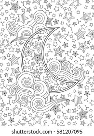 Contour image of moon (crescent) clouds, stars on the sky in zentangle inspired doodle style isolated on white. Vertical composition. Coloring book/page for adult. Editable vector illustration.
