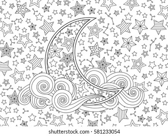 Contour image of moon (crescent), clouds and stars in zentangle inspired doodle style isolated on white. Horizontal composition. Coloring book/page for adult. Vector illustration.
