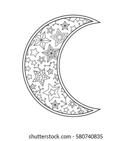 Contour image of moon (crescent) and stars in zentangle inspired doodle style isolated on white. Horizontal composition. Coloring book/page for adult and older children. Editable vector illustration.
