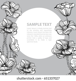 Contour image of poppy flowers. Floral design element for banners, posters, greeting cards, coloring books and other items. Black and white vector illustration with space for text.