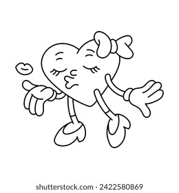 A contour image of a retro heart blowing a kiss. A female character in the shape of a heart in the style of a retro cartoon, isolated on a white background. Vector doodle illustration. valentine's day