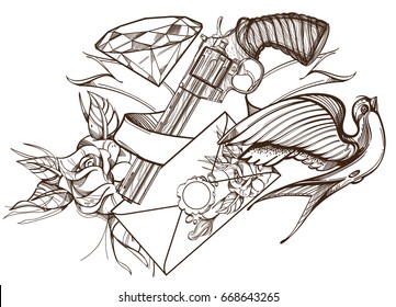 Contour image of revolver, swallow, letter, ribbon, diamond and rose. Vector illustration for tattoos, printing on T-shirts and other items.