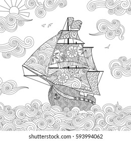 Contour image sailing ship the wave in zentangle inspired doodle style  Square composition  Coloring book  antistress page for adult   children  Vector illustration  