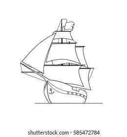 Contour image of ship isolated on white background. Horizontal composition. Coloring book, antistress page for adult and older children. Editable vector illustration.
