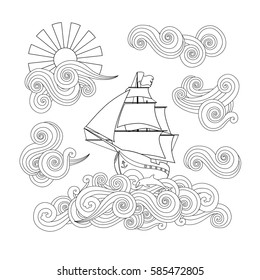 Contour Image Of Ship On The Wave, Cloud, Sun In Zentangle Inspired Doodle Style. Square Composition. Coloring Book, Antistress Page For Adult And Older Children. Editable Vector Illustration.
