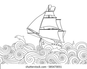 Contour image of ship on the wave and  dolphin in zentangle inspired doodle style. Horizontal composition. Coloring book, antistress page for adult and older children. Vector illustration.
