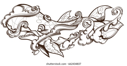 Contour image of stylized whale. Vector illustration isolated on white background for tattoos, coloring pages and other items.