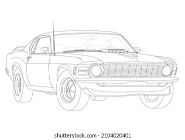 Contour Image Of A Supercar. Retro Car, Vector Image In Isometry For Coloring, CAD And Design Projects