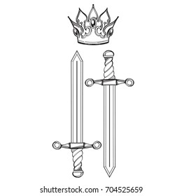 Contour image of swords and crown. Vector illustration isolated on white background for creating sketches of tattoos, printing on T-shirts and other items.