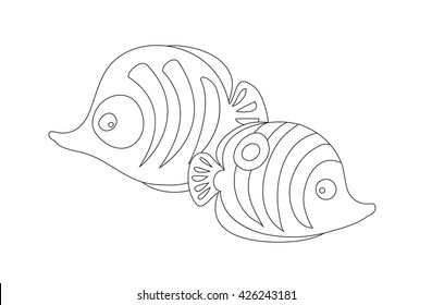 Contour image of two cute cartoon fishes. Can be used for coloring book. Vector illustration.