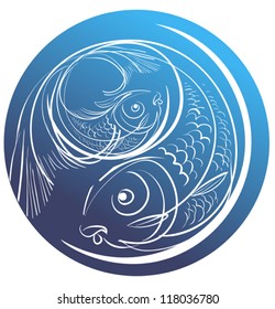 Contour Image Of Two Fish On A Blue Circle For Pisces