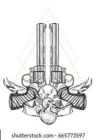 Contour image of two revolvers and human heart. Vector illustration for tattoos, printing on T-shirts and other items.