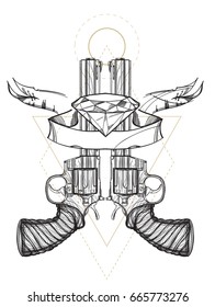Contour image of two revolvers, ribbon and diamond. Vector illustration for tattoos, printing on T-shirts and other items.