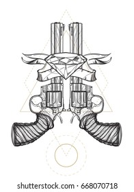 Contour image of two revolvers, ribbon and diamond. Vector illustration for tattoos, printing on T-shirts and other items.