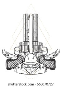 Contour image of two revolvers, ribbon and diamond. Vector illustration for tattoos, printing on T-shirts and other items.