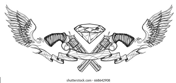 Contour image of two revolvers, ribbon, wings and diamond. Vector illustration for tattoos, printing on T-shirts and other items.
