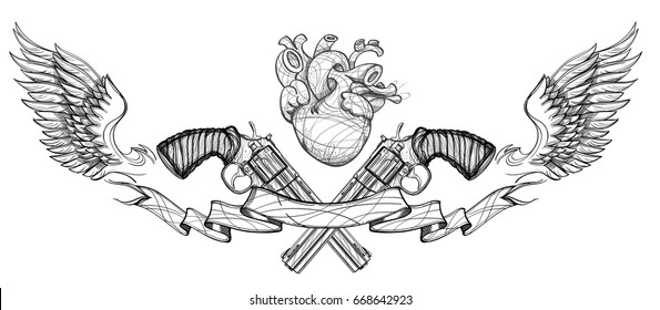 Contour image of two revolvers, ribbon, wings and human heart. Vector illustration for tattoos, printing on T-shirts and other items.
