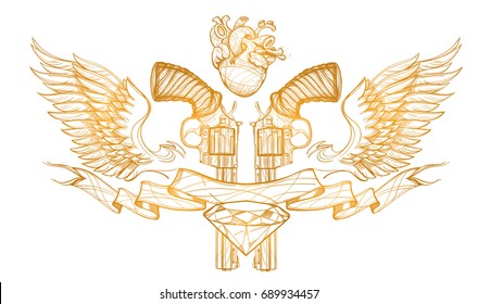 Contour image of two revolvers, ribbon, wings, diamond and human heart. Vector illustration for tattoos, printing on T-shirts and other items.