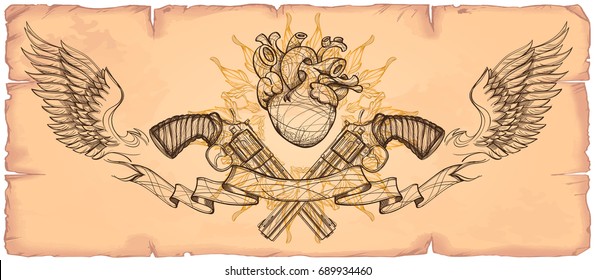 Contour image of two revolvers, ribbon, wings and human heart. Vector illustration on the background of old paper.