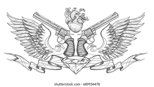 Contour image of two revolvers, ribbon, wings, diamond and human heart. Vector illustration for tattoos, printing on T-shirts and other items.