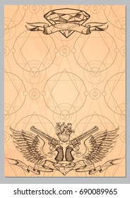 Contour image of two revolvers, ribbons, wings, diamond and human heart. Template for posters or leaflets. Vector illustration on vintage background with geometric ornament.