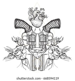 Contour image of two revolvers, roses diamond and human heart. Vector illustration for tattoos, printing on T-shirts and other items.