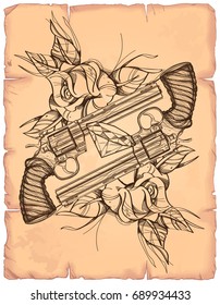 Contour image of two revolvers, roses and diamond. Vector illustration on the background of old paper.