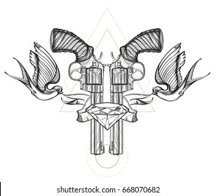 Contour image of two revolvers, swallows, ribbon and diamond. Vector illustration for tattoos, printing on T-shirts and other items.