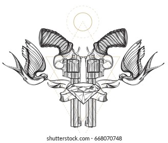 Contour image of two revolvers, swallows, ribbon and diamond. Vector illustration for tattoos, printing on T-shirts and other items.