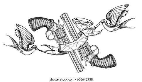 Contour image of two revolvers, swallows, ribbon and diamond. Vector illustration for tattoos, printing on T-shirts and other items.