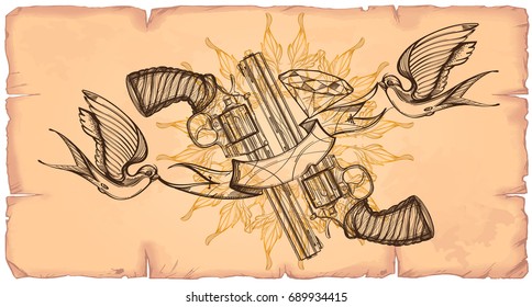 Contour image of two revolvers, swallows, ribbon and diamond. Old school tattoo style. Vector illustration on the background of old paper.