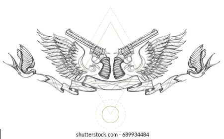 Contour image of two revolvers, wings, ribbon and swallows. Vector illustration for tattoos, printing on T-shirts and other items.