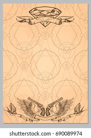 Contour image of two revolvers, wings, ribbons, swallows and diamond. Template for posters or leaflets. Vector illustration on vintage background with geometric ornament.