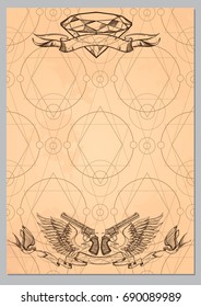 Contour image of two revolvers, wings, ribbons, swallows and diamond. Template for posters or leaflets. Vector illustration on vintage background with geometric ornament.