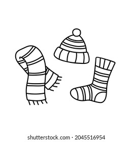 Contour Image Of Warm Autumn Clothes. Black Silhouette Of Knitted Socks, A Hat, A Scarf. Doodle Icon Of Winter Things. Simple Black Hand Drawing For Decoration. Vector Clipart Set