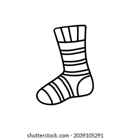 Contour image of a warm autumn sock. Black silhouette of knitted socks. Doodle icon of winter stockings. Simple black hand drawing for decoration. Vector clipart