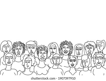 Contour image of women. The contour is black, the background is blue. Horizontal image. There is room for text. Design element. Vector illustration.