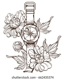 Contour image of wrist compass and peonies. Vector illustration isolated on white background for posters, coloring pages and other items.