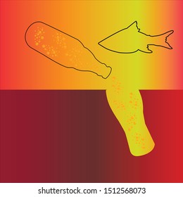 Contour images of a bottle and a mug, a glass with beer or carbonated drink and fish on an orange, brown, yellow background. Suitable for decorating menus, banners, invitations, flyers