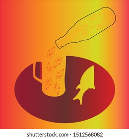Contour images of a bottle and a mug, a glass with beer or carbonated drink and fish on an orange, brown, yellow background. Suitable for decorating menus, banners, invitations, flyers