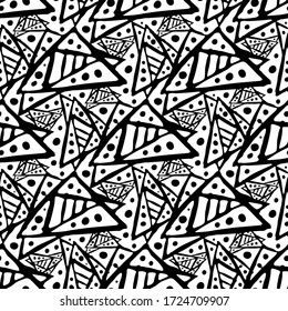 Contour ink triangles on a white background. Abstract seamless pattern. Hand drawn vector graphic illustration. Texture.