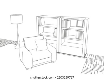 Contour of interior with armchair, shelves with books, black line lamp isolated on white background. Perspective view. 3D. Vector illustration.